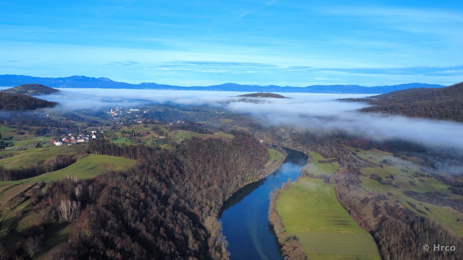 Kolpa River aerial morning view